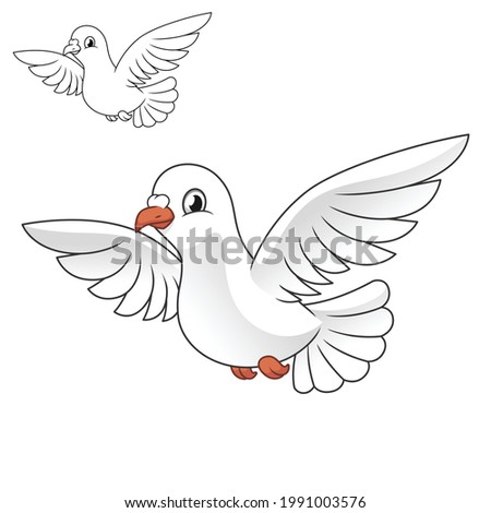 Cute Happy White Dove Flying with Line Art Drawing, Animal Birds, Vector Character Illustration, Cartoon Mascot Logo in Isolated White Background.