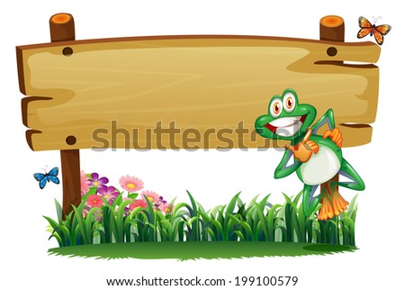 Illustration of an empty wooden signboard with a playful frog on a white background