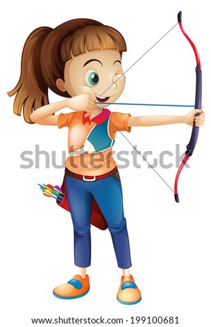 Illustration of a young woman playing archery on a white background