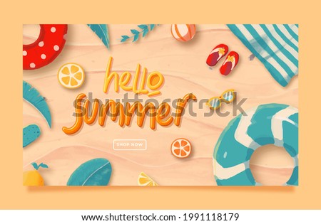 Watercolor Hello Summer sale discount banner on location beautiful sand beach background. vector illustration Premium Vector