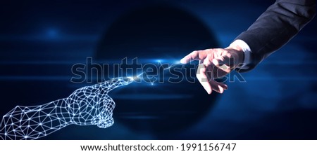 Businessman pointing at polygonal hand on blue background. Digital transformation and ai concept