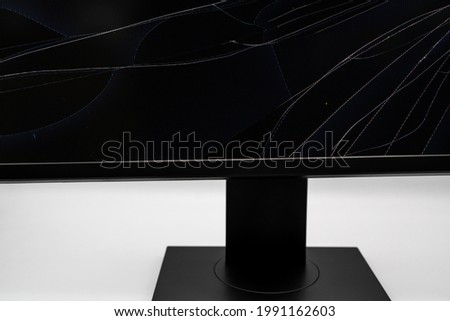 Close up of broken lcd screen monitor isolated on white background