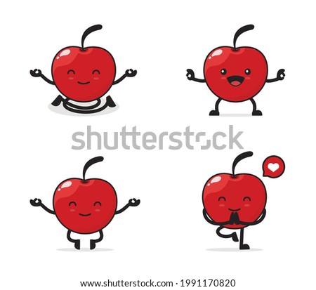 cute cherry cartoon. in a yoga pose, isolated on a white background