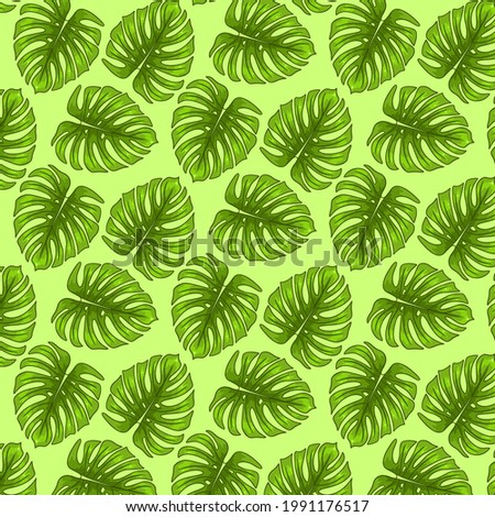 Tropical seamless pattern with exotic leaves in cartoon style. Bright summer print for design and background.