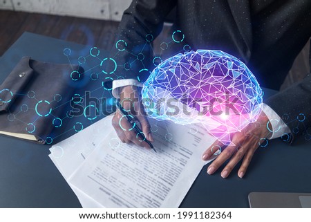 Woman signs agreement. Brain hologram. Double exposure . Ai concept.