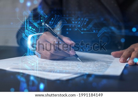 Woman signs contract. Technology hologram. Multiexposure. Internet business concept.