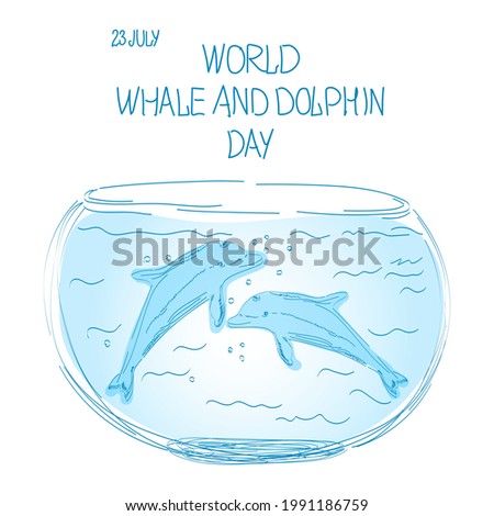 Dolphins in the aquarium as a symbol of the need to protect the sea. Illustration for World Whale and Dolphin Day.