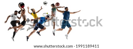 Collage of different professional sportsmen, fit people in action and motion isolated on white background. Flyer. Concept of sport. Basketball, tennis, voleyball, fitness, running, soccer football Royalty-Free Stock Photo #1991189411