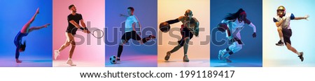 Soccer and american football, gymnastics, basketball, tennis. Collage of different professional sportsmen in motion and jumping on multicolored background in neon. Flyer for advertising.