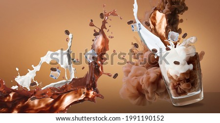 Glass with splashes of coffee, milk and ice cubes on color background