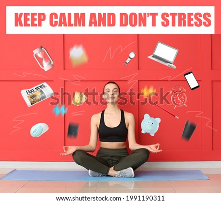 Meditating woman with lot of problems sitting near color wall