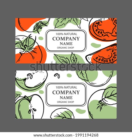 TOMATO GREEN APPLE LABELS Design Of Stickers For Shop Of Organic Natural Fresh Juicy Fruits Vegetables And Dessert Drinks In Sketch Style Vector Illustration Set