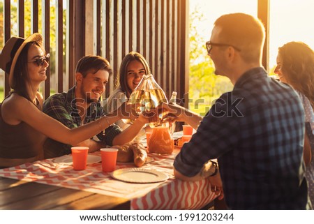Group of friends, young men and women doing barbecue in nature, happy people sit at the table and have dinner, have fun at picnic, summer time concept, friendship