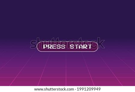 Purple 1980's vintage cyberpunk neon perspective grid, initial retro video game screen with the written text "press start" in a pop-up window. Vector illustration Royalty-Free Stock Photo #1991209949