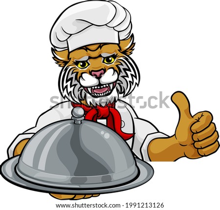 A wildcat chef mascot cartoon character holding a silver platter cloche dome of food peeking round a sign