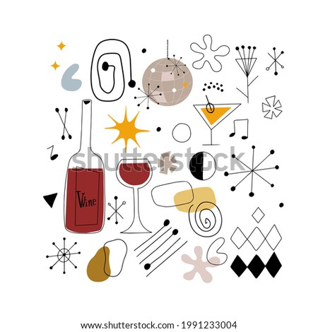 Vector set of clip art in mid century modern style, doodle icons isolated on white background. Abstract shapes and forms and martini, wine glass and bottle