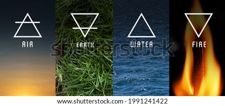 Collage with alchemical symbols of four elements - air, earth, water and fire  Royalty-Free Stock Photo #1991241422