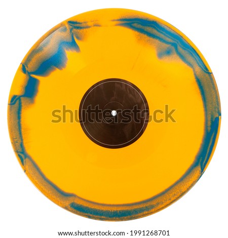 Blue and orange swirl vinyl record isolated on white background Royalty-Free Stock Photo #1991268701