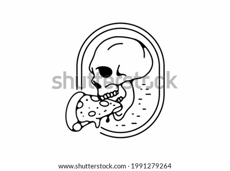 Black line art illustration of skeleton head and pizza design