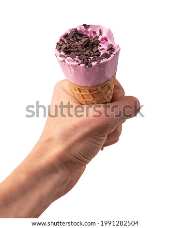 blueberry ice cream with chocolate pieces in hand isolated on white background. Clipping Path. Full depth of field.