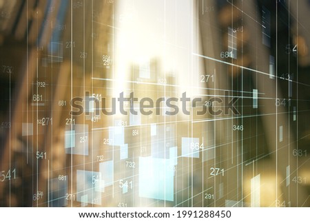 Multi exposure of abstract virtual graphic data spreadsheet sketch on modern architecture background, analytics and analysis concept