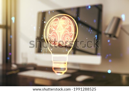 Creative light bulb illustration with human brain on modern computer background, future technology concept. Multiexposure