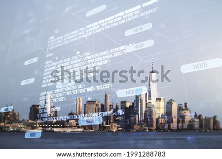 Abstract virtual coding concept on New York city skyline background. Multiexposure