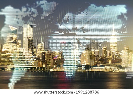 Multi exposure of abstract graphic world map on Manhattan cityscape background, big data and networking concept