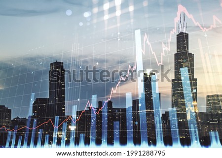 Double exposure of virtual creative financial diagram on Chicago office buildings background, banking and accounting concept Royalty-Free Stock Photo #1991288795