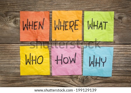 where, when, who, what, why, how questions - uncertainty, brainstorming or decision making concept, colorful crumpled sticky notes on grained wood Royalty-Free Stock Photo #199129139