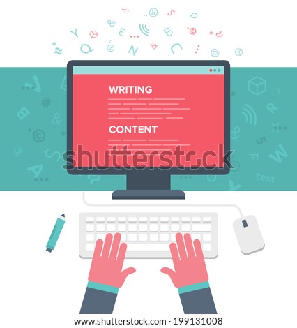 Writing an article for blog on computer. Flat illustration Royalty-Free Stock Photo #199131008