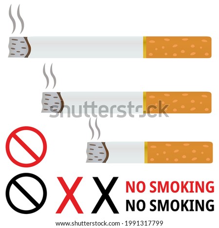 Burning cigarettes vector illustration in cartoon style. Big, small, medium sized burning smokes with prohibit sign and no smoking text. Tobacco day, stop smoking concept design for poster, banner.