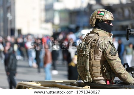 Jordanian soldier during curfew in Amman , controlling the streets  Royalty-Free Stock Photo #1991348027