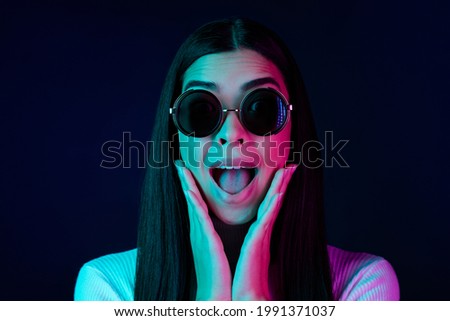 Photo of hooray young millennial lady hands face wear eyewear white sweater isolated on black dark color background