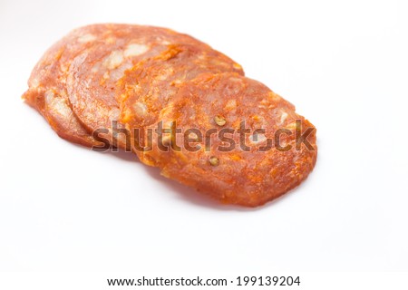 slice of pepperoni meat on white background