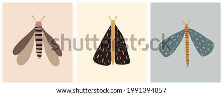 Cute Wildlife Vector Illustration with Little Butterflies, Dragonflies and Moths Isolated on a Pale Green, Yellow and Brown Background. Simple Nursery Print ideal for Wall Art,Poster,Card, Decoration.