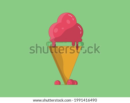 Melted ice cream balls in waffle cone isolated on green background. Vector flat line icon. Comic characters in cartoon style illustrations for t-shirt designs and more