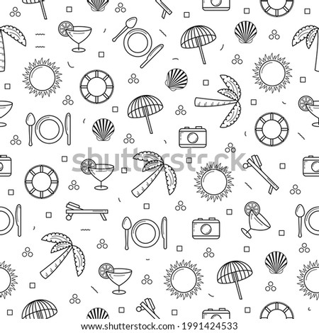 Seamless Pattern Abstract Doodle Elements Hand Drawn Collection Travel Tourism Sketch Vector Design Style Background Summer Palm Tree Camera Coctail Sun Shell Lifebuoy Illustration Icons