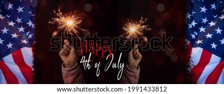 Happy 4th of July - Independence Day Party festive celebration USA background banner panorama template greeting card - Waving American flag and girl with sparkling sparklers in her hands