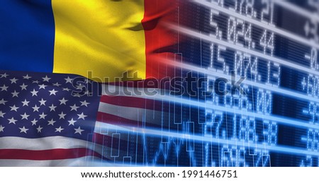 Composition of romanian and american flags billowing over financial exchange figures. patriotism, independence and celebration concept digitally generated image.