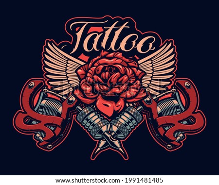 Color Illustration tattoo machines with rose and wings in vintage style. Perfectly for posters, T shirt design, fabric print, and many other uses. 