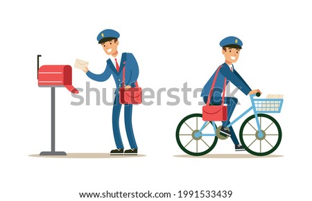 Postmen Delivering Correspondence Set, Postal Carrier Characters in Blue Uniform and Cap Carrying Letters, Newspapers and Parcels Cartoon Vector Illustration
