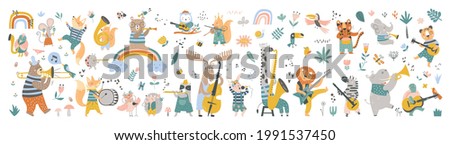 Isolated set with cute animals playing on different music instruments in Scandinavian style. Cartoon animals playing music. Ideal kids design, for fabric, wrapping, textile, wallpaper, apparel Royalty-Free Stock Photo #1991537450