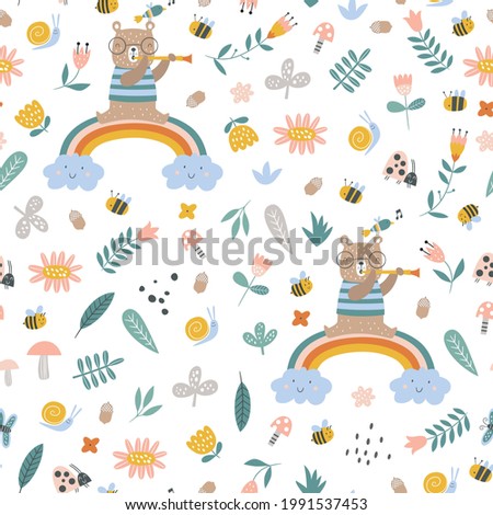 Seamless childish pattern with cartoon cute bear sitting on a rainbow. Creative kids texture for fabric, wrapping, textile, wallpaper, apparel.