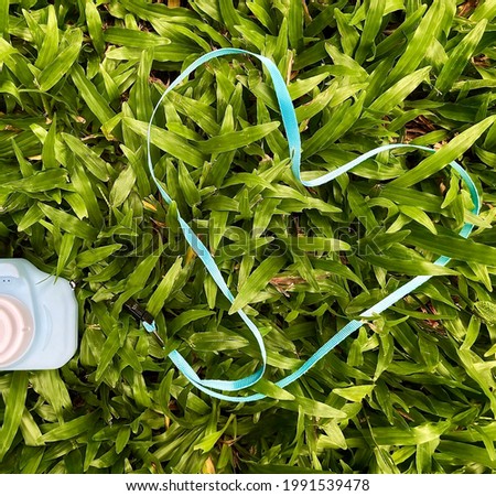Heart-shape light blue toy children beginner camera strap on beautiful lush full grown green carpet grass floor photo under romance feeling and love concept with nature for saint valentine day  event