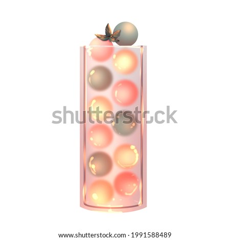 Bubble milk tea in a tall glass beautiful drawing illustration. Colored tapioca pearls. Fruit Melon ball ice cubes with mint leaves. Summer refreshing desserts and drinks isolated clip art 