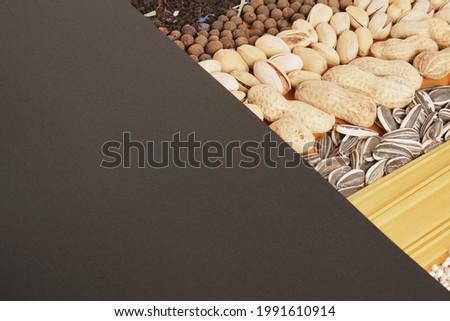 black paper and food, ingredients mockup and space for text copy space top view