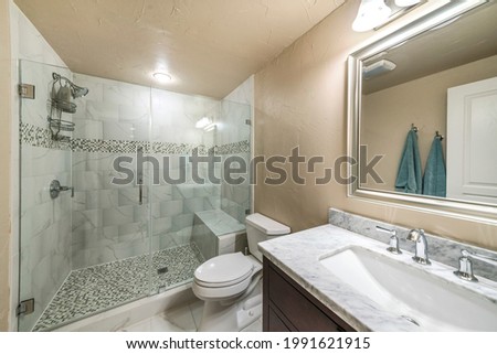 Interior of a bathroom with vanity sink and shower stall. There is a shower stall with frameless glass enclosure, built in seat and gray tiles surround with mosaic tiles wall outline and flooring. Royalty-Free Stock Photo #1991621915