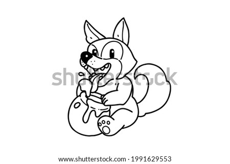 A dog and honey. A dog character eating honey. Vector line art illustration.