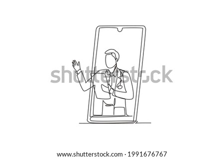 Single continuous line drawing male doctor comes out of smartphone screen holding clipboard. Online medical services, medical consultation. Dynamic one line draw graphic design vector illustration